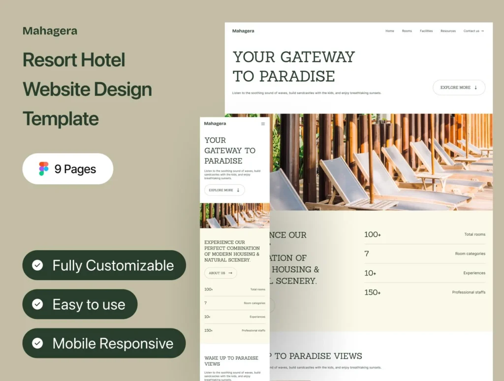 Mahagera - Resort Hotel Website Design Template | Lifetime Access | Original Files with concepts
