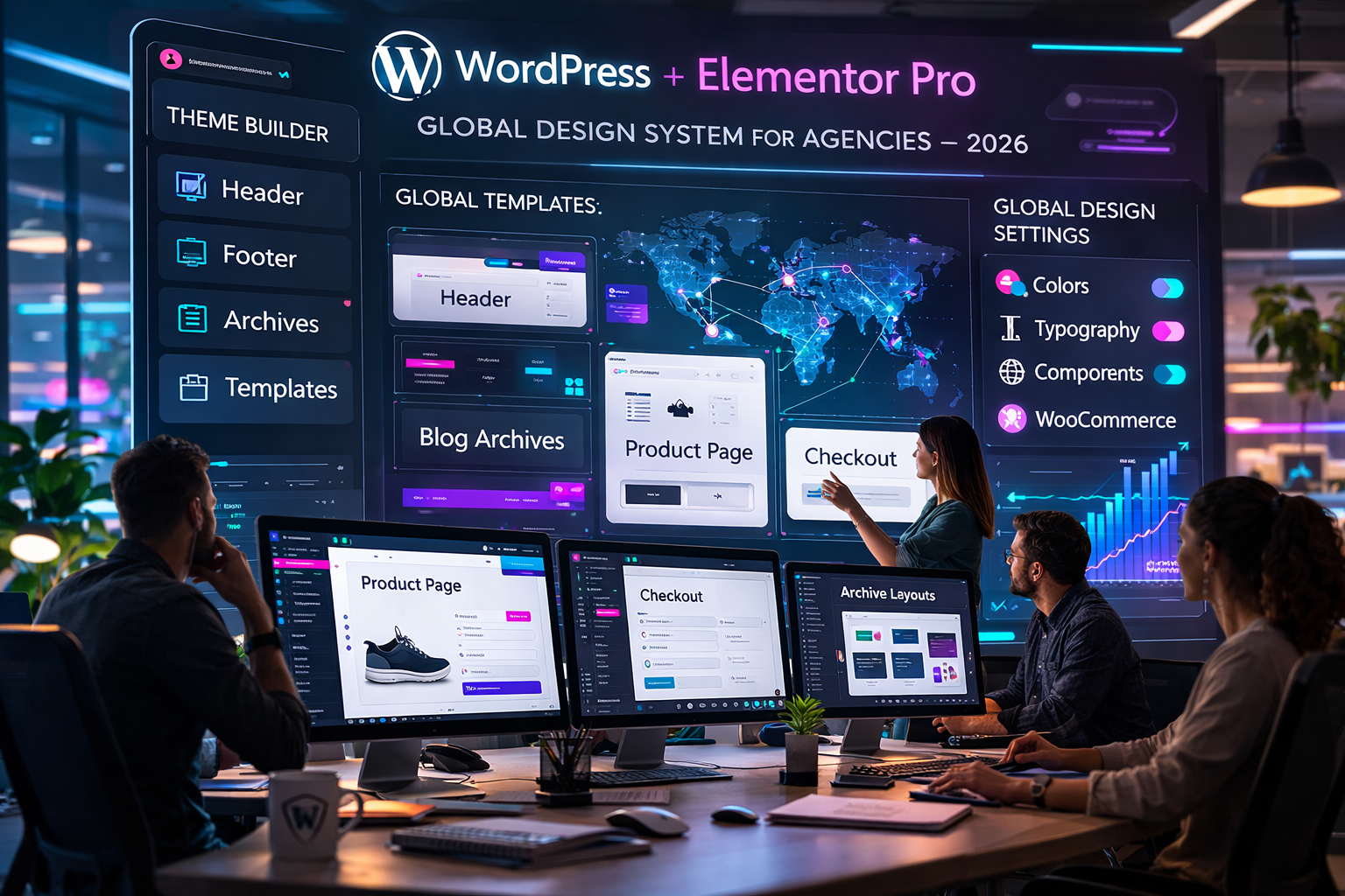 Elementor Pro workflow for global agencies showing Theme Builder templates, WooCommerce layouts, and global design settings in 2026.