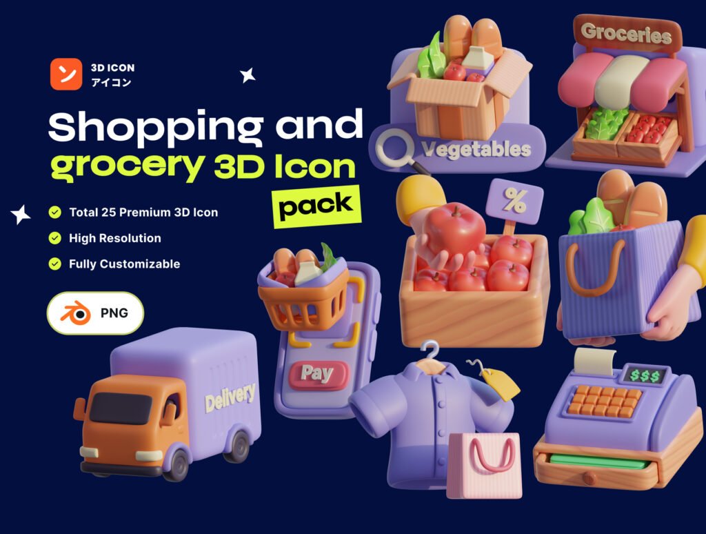 Shopping & Grocery 3D Icon Pack – Premium E-commerce Assets
