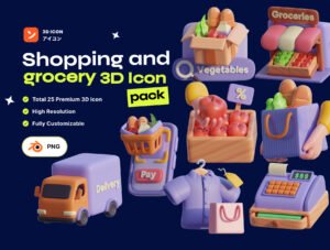 Shopping & Grocery 3D Icon Pack – Premium E-commerce Assets