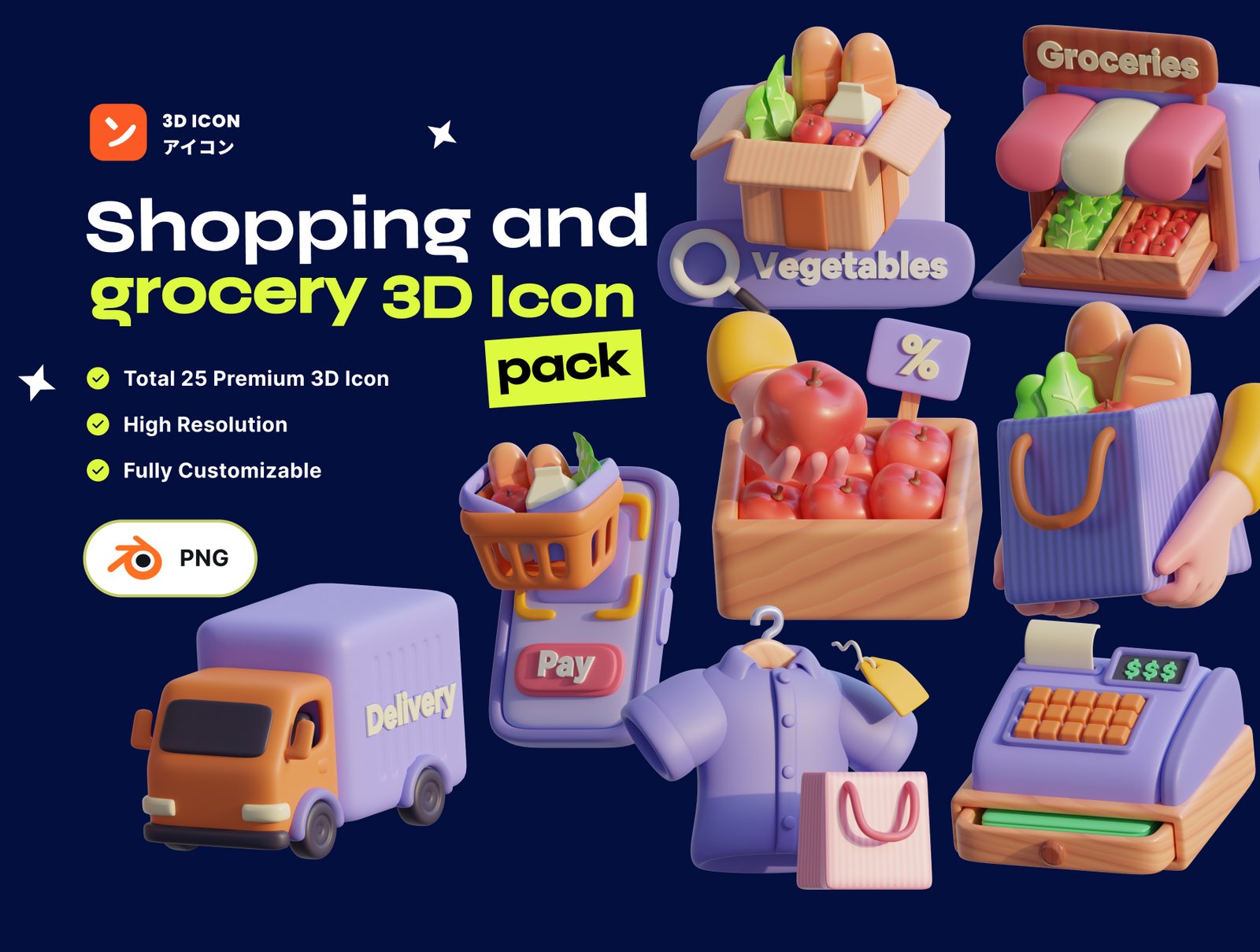 Shopping & Grocery 3D Icon Pack – Premium E-commerce Assets