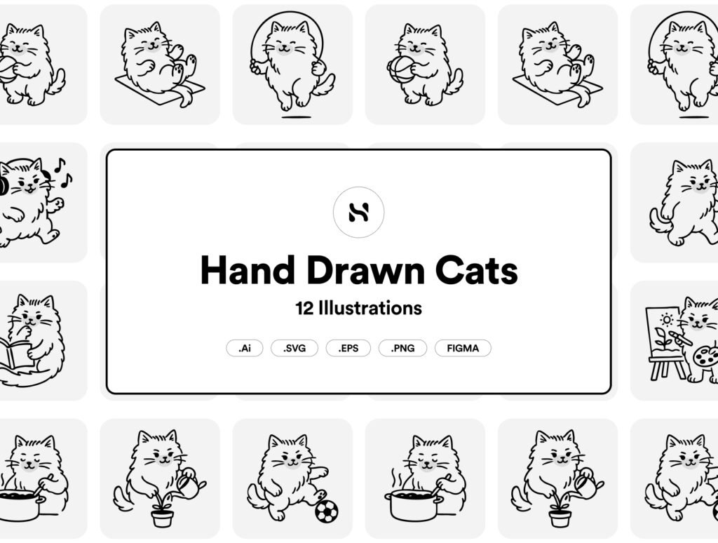 12 Hand-Drawn Cat Illustrations