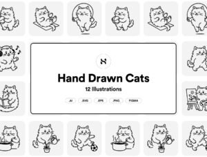 12 Hand-Drawn Cat Illustrations