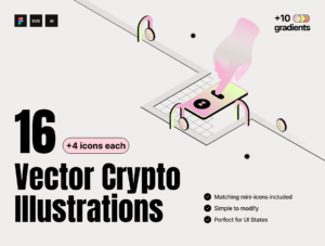 16 Vector Crypto Illustrations + 4 Icons per Illustration