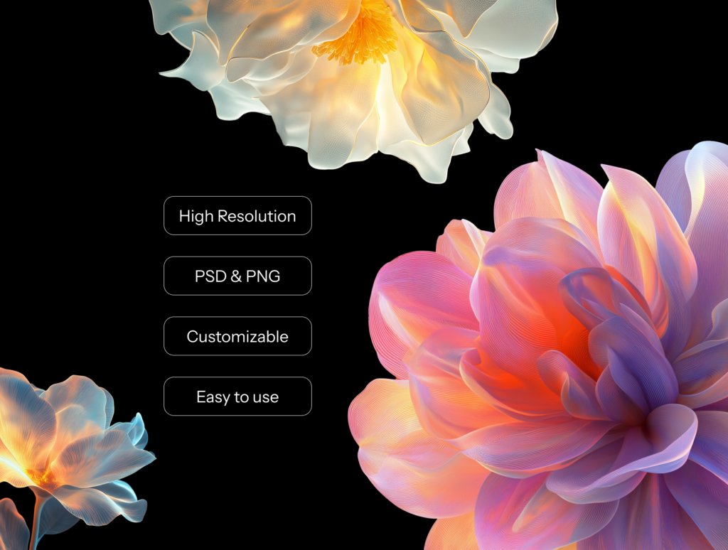 32 AI-Generated Abstract Flower Renders – PNG & PSD Pack (Customizable Colors)