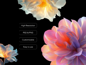32 AI-Generated Abstract Flower Renders – PNG & PSD Pack (Customizable Colors)