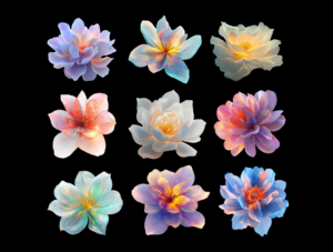 32 AI-Generated Abstract Flower Renders – PNG & PSD Pack (Customizable Colors)