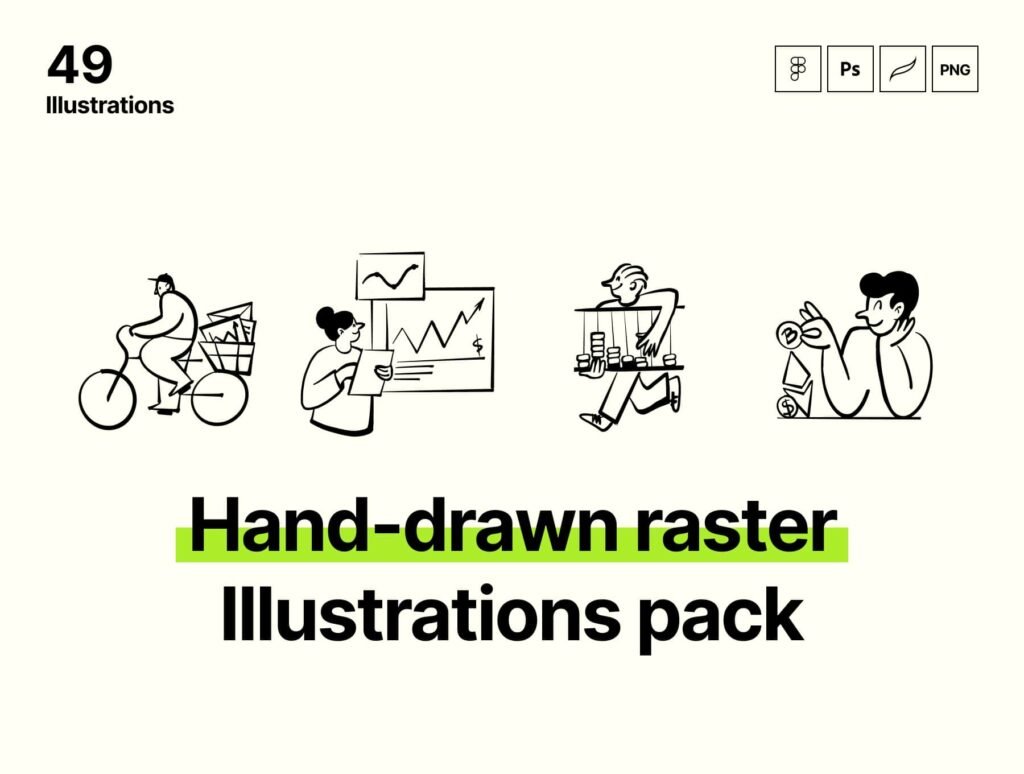 49 Hand-drawn raster Illustrations pack