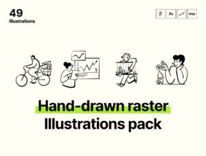 49 Hand-drawn raster Illustrations pack