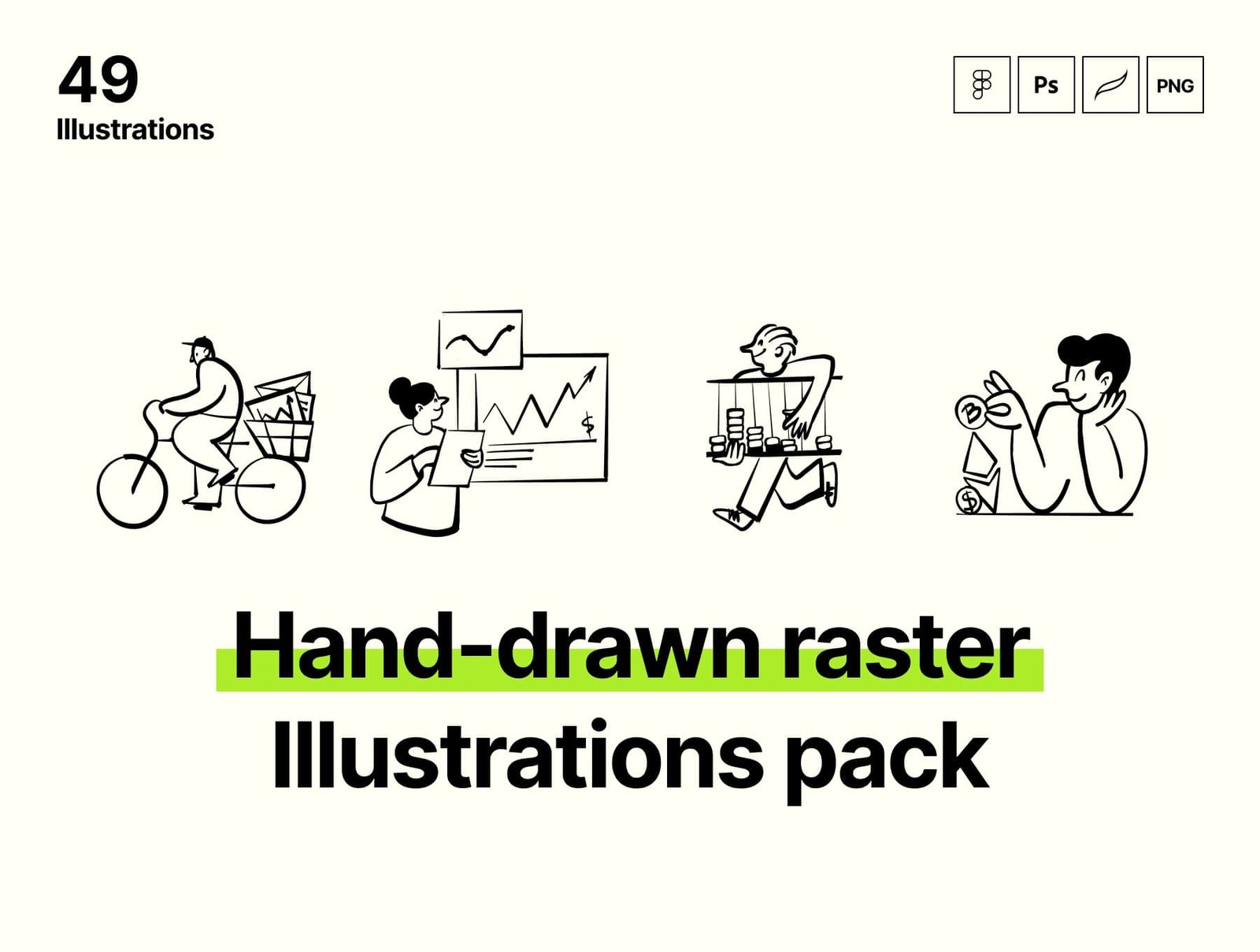 49 Hand-drawn raster Illustrations pack