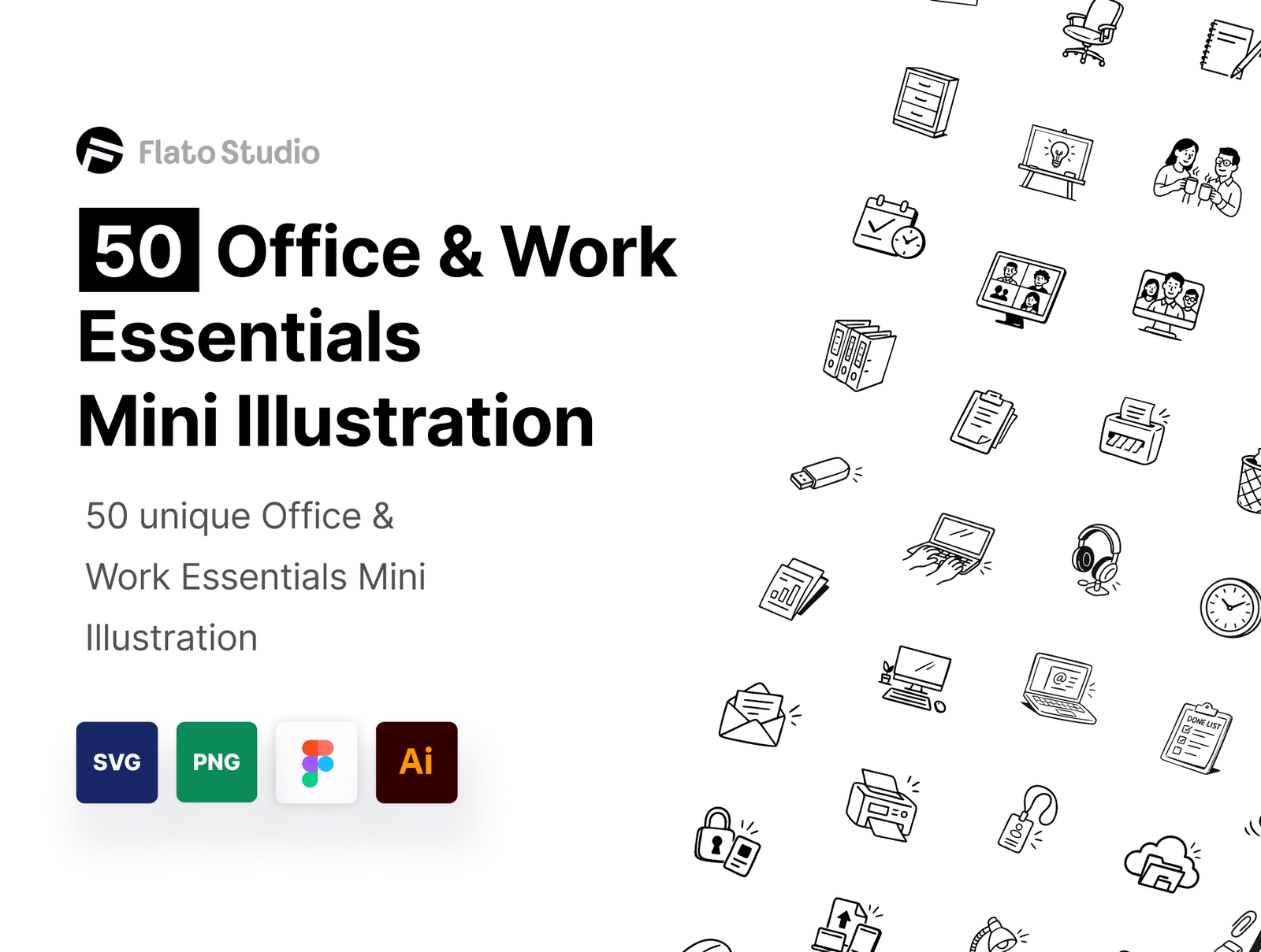 50 Offiice & Work Essentials Mini Illustration 50 Office & Work Essentials Mini Illustration