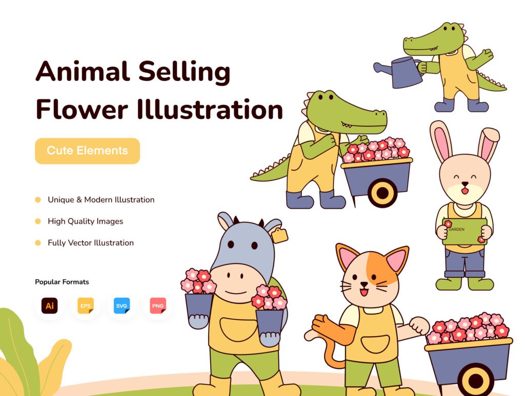 Animal Selling Flowers Illustration
