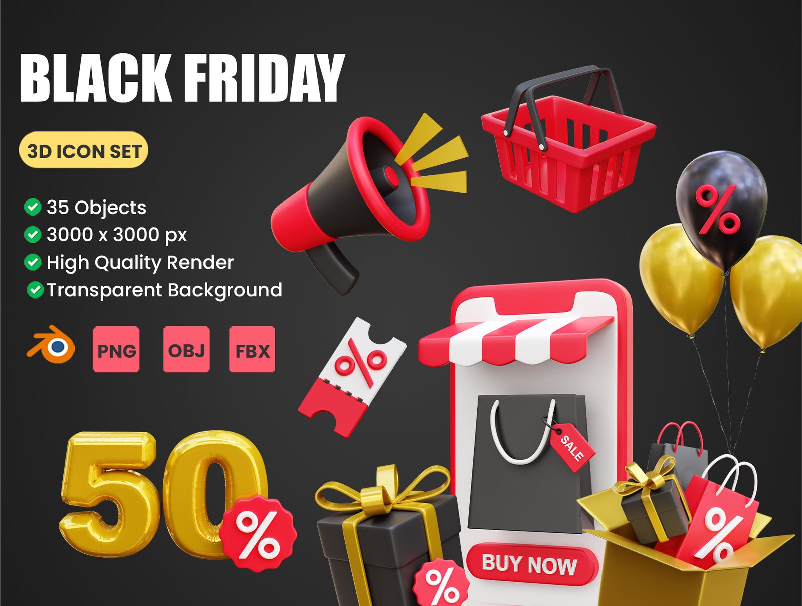 Blackk Friday 3D Icon Illustrations Black Friday 3D Icon Illustrations