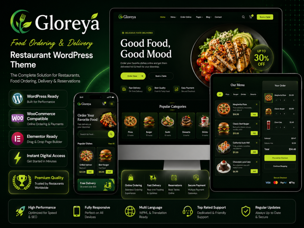 Gloreya Food Ordering & Delivery Restaurant WordPress Theme