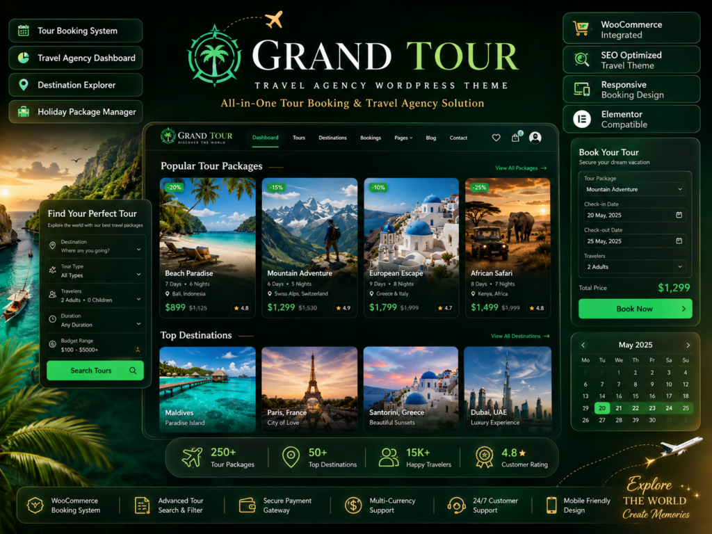 Grand Tour Travel Agency WordPress Theme with Tour Booking System & Destination Listings