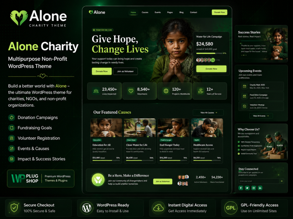 Alone Charity Multipurpose Non-Profit WordPress Theme – Fundraising & Donation Website Solution
