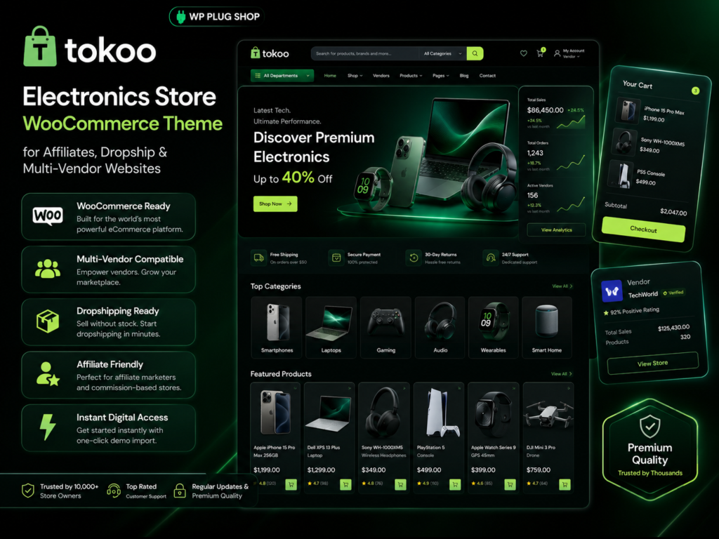 Tokoo – Electronics Store WooCommerce Theme for Affiliates, Dropship & Multi-Vendor Websites<h2>Product Overview</h2>  <p><strong>Tokoo – Electronics Store WooCommerce Theme for Affiliates, Dropship & Multi-Vendor Websites</strong> is a powerful eCommerce WordPress theme designed specifically for electronics stores, gadget retailers, technology marketplaces, affiliate websites, dropshipping businesses, and multi-vendor platforms. Built around WooCommerce, Tokoo provides a professional shopping experience that helps businesses showcase products, improve conversions, and scale online sales.</p>  <p>Inspired by successful electronics marketplaces, Tokoo offers product-focused layouts, advanced shopping features, marketplace compatibility, and mobile-friendly design. Whether you are selling smartphones, computer accessories, gaming products, consumer electronics, smart home devices, or technology equipment, Tokoo provides the tools needed to build a modern online store.</p>  <p>The theme is suitable for startups, established retailers, affiliate marketers, and marketplace operators looking to launch a professional electronics website without investing in custom development.</p>  <h2>Why This Product Is Useful</h2>  <p>Building an electronics eCommerce website requires more than a standard online store. Customers expect powerful search functionality, organized product categories, detailed product pages, responsive design, and seamless shopping experiences. Tokoo addresses these requirements with a specialized WooCommerce theme designed for technology-focused online retail.</p>  <p>It also supports affiliate marketing and dropshipping business models, making it a flexible solution for entrepreneurs who want to generate revenue without managing physical inventory.</p>  <ul> <li>Create professional electronics stores quickly.</li> <li>Launch affiliate marketing websites.</li> <li>Build dropshipping businesses.</li> <li>Create multi-vendor marketplaces.</li> <li>Improve product visibility and discoverability.</li> <li>Enhance customer shopping experiences.</li> <li>Increase conversion opportunities.</li> <li>Reduce development and design costs.</li> </ul>  <h2>Key Features</h2>  <ul> <li><strong>WooCommerce Integration:</strong> Full compatibility with WooCommerce for product management, orders, payments, and customer accounts.</li>  <li><strong>Electronics-Focused Design:</strong> Layouts optimized for gadgets, technology products, electronics, and consumer devices.</li>  <li><strong>Multi-Vendor Marketplace Support:</strong> Compatible with popular marketplace solutions for vendor management.</li>  <li><strong>Affiliate Marketing Support:</strong> Promote affiliate products and monetize referral traffic.</li>  <li><strong>Dropshipping Ready:</strong> Suitable for businesses operating without inventory ownership.</li>  <li><strong>Advanced Product Displays:</strong> Showcase products using attractive grids, carousels, and promotional sections.</li>  <li><strong>Product Comparison Features:</strong> Help customers compare products before making purchasing decisions.</li>  <li><strong>Mega Menu Support:</strong> Organize large product catalogs efficiently.</li>  <li><strong>Responsive Design:</strong> Optimized for desktops, tablets, and mobile devices.</li>  <li><strong>Product Search Functionality:</strong> Improve product discovery and navigation.</li>  <li><strong>SEO-Friendly Structure:</strong> Supports organic search visibility and product indexing.</li>  <li><strong>Promotional Banner Areas:</strong> Highlight offers, discounts, and featured products.</li>  <li><strong>Product Reviews Support:</strong> Encourage customer trust and purchasing confidence.</li>  <li><strong>Homepage Customization Options:</strong> Create unique shopping experiences tailored to your brand.</li>  <li><strong>Fast Shopping Experience:</strong> Designed for smooth navigation and product browsing.</li> </ul>  <h2>Main Benefits</h2>  <ul> <li>Launch electronics stores faster.</li> <li>Improve product presentation.</li> <li>Support affiliate marketing revenue models.</li> <li>Create scalable vendor marketplaces.</li> <li>Improve customer engagement.</li> <li>Increase product discovery.</li> <li>Support dropshipping operations.</li> <li>Reduce website development expenses.</li> <li>Enhance mobile shopping experiences.</li> <li>Increase conversion opportunities.</li> </ul>  <h2>Best Use Cases</h2>  <ul> <li>Electronics stores</li> <li>Technology retailers</li> <li>Gadget shops</li> <li>Smartphone stores</li> <li>Computer accessory stores</li> <li>Gaming product retailers</li> <li>Consumer electronics websites</li> <li>Dropshipping businesses</li> <li>Affiliate marketing websites</li> <li>Multi-vendor marketplaces</li> <li>Technology startup stores</li> <li>Smart home product websites</li> <li>Online retail businesses</li> <li>Product comparison websites</li> </ul>  <h2>Who Should Use This Product?</h2>  <ul> <li>Electronics store owners.</li> <li>WooCommerce entrepreneurs.</li> <li>Affiliate marketers.</li> <li>Dropshipping businesses.</li> <li>Marketplace operators.</li> <li>Technology retailers.</li> <li>Online store startups.</li> <li>Digital entrepreneurs.</li> <li>Product catalog website owners.</li> <li>Multi-vendor marketplace builders.</li> </ul>  <h2>WP Plug Shop Access Benefits</h2>  <p>WP Plug Shop provides access to premium WordPress-ready resources designed for agencies, developers, online retailers, entrepreneurs, marketers, and eCommerce businesses building professional websites.</p>  <ul> <li>Instant digital access.</li> <li>GPL-friendly resource availability.</li> <li>Scanned digital files.</li> <li>Secure checkout process.</li> <li>Suitable for eCommerce and marketplace projects.</li> <li>Useful for agencies managing WooCommerce stores.</li> <li>Budget-conscious access to premium WordPress resources.</li> <li>Supports modern online retail workflows.</li> </ul>  <h2>Product Details</h2>  <table> <thead> <tr> <th>Detail</th> <th>Information</th> </tr> </thead> <tbody> <tr> <td>Product Name</td> <td>Tokoo – Electronics Store WooCommerce Theme</td> </tr> <tr> <td>Product Type</td> <td>WordPress Theme</td> </tr> <tr> <td>Primary Purpose</td> <td>Electronics eCommerce & Marketplace Websites</td> </tr> <tr> <td>WooCommerce Compatible</td> <td>Yes</td> </tr> <tr> <td>Affiliate Marketing Support</td> <td>Yes</td> </tr> <tr> <td>Dropshipping Ready</td> <td>Supported</td> </tr> <tr> <td>Marketplace Compatible</td> <td>Yes</td> </tr> <tr> <td>Responsive Design</td> <td>Yes</td> </tr> <tr> <td>Mobile Friendly</td> <td>Yes</td> </tr> <tr> <td>SEO Friendly</td> <td>Yes</td> </tr> <tr> <td>Best For</td> <td>Electronics Stores, Affiliates & Marketplaces</td> </tr> </tbody> </table>  <h2>Feature Comparison</h2>  <table> <thead> <tr> <th>Feature</th> <th>Tokoo</th> <th>Generic WooCommerce Theme</th> </tr> </thead> <tbody> <tr> <td>Electronics Store Design</td> <td>Specialized</td> <td>General Purpose</td> </tr> <tr> <td>Affiliate Product Support</td> <td>Yes</td> <td>Limited</td> </tr> <tr> <td>Dropshipping Compatibility</td> <td>Yes</td> <td>Basic</td> </tr> <tr> <td>Multi-Vendor Marketplace Support</td> <td>Included</td> <td>Varies</td> </tr> <tr> <td>Product Comparison Features</td> <td>Supported</td> <td>Limited</td> </tr> <tr> <td>Mega Menu Integration</td> <td>Yes</td> <td>Optional</td> </tr> <tr> <td>Technology Retail Focus</td> <td>Strong</td> <td>General</td> </tr> <tr> <td>Conversion-Focused Layouts</td> <td>Advanced</td> <td>Standard</td> </tr> </tbody> </table>  <h2>Pros and Considerations</h2>  <table> <thead> <tr> <th>Pros</th> <th>Considerations</th> </tr> </thead> <tbody> <tr> <td>Built specifically for electronics stores.</td> <td>Advanced marketplace setups may require additional configuration.</td> </tr> <tr> <td>Supports affiliate and dropshipping business models.</td> <td>Vendor management depends on marketplace plugins.</td> </tr> <tr> <td>WooCommerce-focused architecture.</td> <td>Large product catalogs may require optimization.</td> </tr> <tr> <td>Professional marketplace design.</td> <td>Some advanced features may require compatible extensions.</td> </tr> <tr> <td>Strong mobile shopping experience.</td> <td>Hosting quality affects overall performance.</td> </tr> <tr> <td>Scalable for growing online businesses.</td> <td>Business requirements vary by project size.</td> </tr> </tbody> </table>  <h2>Final Verdict</h2>  <p>Tokoo is a highly focused WooCommerce WordPress theme built for electronics retailers, technology marketplaces, affiliate marketers, and dropshipping businesses. Its product-centric design, marketplace compatibility, mobile-friendly shopping experience, and conversion-oriented layouts make it an excellent choice for launching modern online stores.</p>  <p>Whether you are building a gadget store, creating a technology marketplace, launching an affiliate website, or scaling a multi-vendor platform, Tokoo provides the infrastructure needed to support growth and improve online sales performance.</p>  <p>For businesses seeking a professional electronics WooCommerce theme with marketplace flexibility and eCommerce-focused functionality, Tokoo offers a reliable foundation for long-term success in the competitive online retail market.</p>