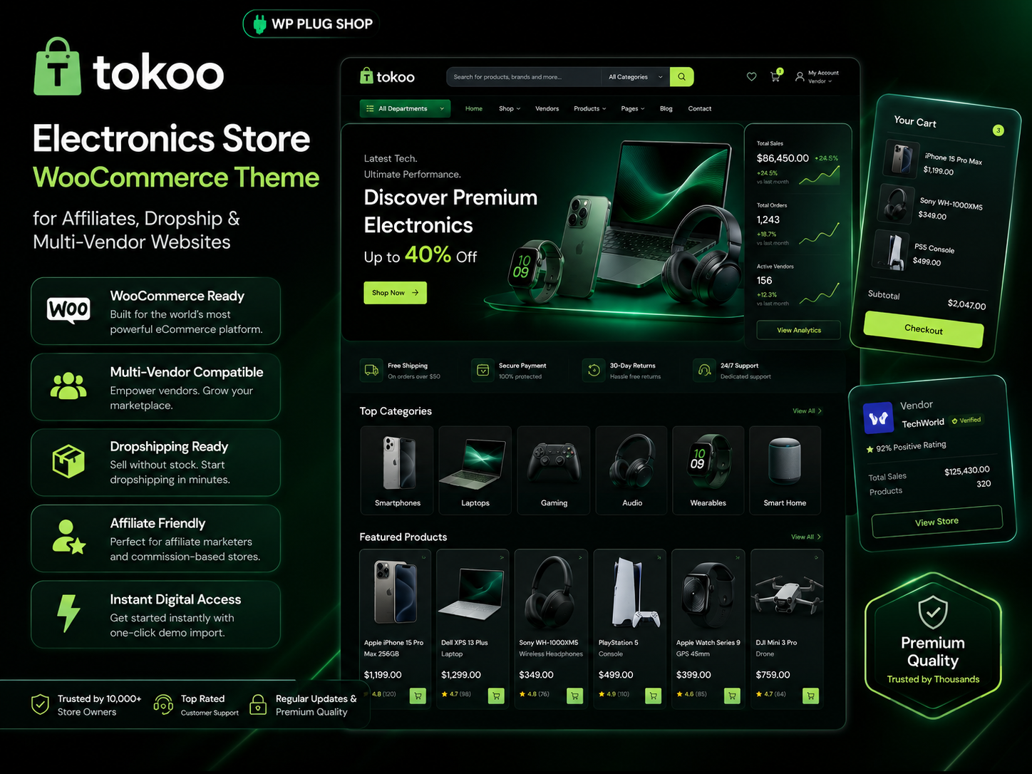 Tokoo – Electronics Store WooCommerce Theme for Affiliates, Dropship & Multi-Vendor Websites<h2>Product Overview</h2>  <p><strong>Tokoo – Electronics Store WooCommerce Theme for Affiliates, Dropship & Multi-Vendor Websites</strong> is a powerful eCommerce WordPress theme designed specifically for electronics stores, gadget retailers, technology marketplaces, affiliate websites, dropshipping businesses, and multi-vendor platforms. Built around WooCommerce, Tokoo provides a professional shopping experience that helps businesses showcase products, improve conversions, and scale online sales.</p>  <p>Inspired by successful electronics marketplaces, Tokoo offers product-focused layouts, advanced shopping features, marketplace compatibility, and mobile-friendly design. Whether you are selling smartphones, computer accessories, gaming products, consumer electronics, smart home devices, or technology equipment, Tokoo provides the tools needed to build a modern online store.</p>  <p>The theme is suitable for startups, established retailers, affiliate marketers, and marketplace operators looking to launch a professional electronics website without investing in custom development.</p>  <h2>Why This Product Is Useful</h2>  <p>Building an electronics eCommerce website requires more than a standard online store. Customers expect powerful search functionality, organized product categories, detailed product pages, responsive design, and seamless shopping experiences. Tokoo addresses these requirements with a specialized WooCommerce theme designed for technology-focused online retail.</p>  <p>It also supports affiliate marketing and dropshipping business models, making it a flexible solution for entrepreneurs who want to generate revenue without managing physical inventory.</p>  <ul> <li>Create professional electronics stores quickly.</li> <li>Launch affiliate marketing websites.</li> <li>Build dropshipping businesses.</li> <li>Create multi-vendor marketplaces.</li> <li>Improve product visibility and discoverability.</li> <li>Enhance customer shopping experiences.</li> <li>Increase conversion opportunities.</li> <li>Reduce development and design costs.</li> </ul>  <h2>Key Features</h2>  <ul> <li><strong>WooCommerce Integration:</strong> Full compatibility with WooCommerce for product management, orders, payments, and customer accounts.</li>  <li><strong>Electronics-Focused Design:</strong> Layouts optimized for gadgets, technology products, electronics, and consumer devices.</li>  <li><strong>Multi-Vendor Marketplace Support:</strong> Compatible with popular marketplace solutions for vendor management.</li>  <li><strong>Affiliate Marketing Support:</strong> Promote affiliate products and monetize referral traffic.</li>  <li><strong>Dropshipping Ready:</strong> Suitable for businesses operating without inventory ownership.</li>  <li><strong>Advanced Product Displays:</strong> Showcase products using attractive grids, carousels, and promotional sections.</li>  <li><strong>Product Comparison Features:</strong> Help customers compare products before making purchasing decisions.</li>  <li><strong>Mega Menu Support:</strong> Organize large product catalogs efficiently.</li>  <li><strong>Responsive Design:</strong> Optimized for desktops, tablets, and mobile devices.</li>  <li><strong>Product Search Functionality:</strong> Improve product discovery and navigation.</li>  <li><strong>SEO-Friendly Structure:</strong> Supports organic search visibility and product indexing.</li>  <li><strong>Promotional Banner Areas:</strong> Highlight offers, discounts, and featured products.</li>  <li><strong>Product Reviews Support:</strong> Encourage customer trust and purchasing confidence.</li>  <li><strong>Homepage Customization Options:</strong> Create unique shopping experiences tailored to your brand.</li>  <li><strong>Fast Shopping Experience:</strong> Designed for smooth navigation and product browsing.</li> </ul>  <h2>Main Benefits</h2>  <ul> <li>Launch electronics stores faster.</li> <li>Improve product presentation.</li> <li>Support affiliate marketing revenue models.</li> <li>Create scalable vendor marketplaces.</li> <li>Improve customer engagement.</li> <li>Increase product discovery.</li> <li>Support dropshipping operations.</li> <li>Reduce website development expenses.</li> <li>Enhance mobile shopping experiences.</li> <li>Increase conversion opportunities.</li> </ul>  <h2>Best Use Cases</h2>  <ul> <li>Electronics stores</li> <li>Technology retailers</li> <li>Gadget shops</li> <li>Smartphone stores</li> <li>Computer accessory stores</li> <li>Gaming product retailers</li> <li>Consumer electronics websites</li> <li>Dropshipping businesses</li> <li>Affiliate marketing websites</li> <li>Multi-vendor marketplaces</li> <li>Technology startup stores</li> <li>Smart home product websites</li> <li>Online retail businesses</li> <li>Product comparison websites</li> </ul>  <h2>Who Should Use This Product?</h2>  <ul> <li>Electronics store owners.</li> <li>WooCommerce entrepreneurs.</li> <li>Affiliate marketers.</li> <li>Dropshipping businesses.</li> <li>Marketplace operators.</li> <li>Technology retailers.</li> <li>Online store startups.</li> <li>Digital entrepreneurs.</li> <li>Product catalog website owners.</li> <li>Multi-vendor marketplace builders.</li> </ul>  <h2>WP Plug Shop Access Benefits</h2>  <p>WP Plug Shop provides access to premium WordPress-ready resources designed for agencies, developers, online retailers, entrepreneurs, marketers, and eCommerce businesses building professional websites.</p>  <ul> <li>Instant digital access.</li> <li>GPL-friendly resource availability.</li> <li>Scanned digital files.</li> <li>Secure checkout process.</li> <li>Suitable for eCommerce and marketplace projects.</li> <li>Useful for agencies managing WooCommerce stores.</li> <li>Budget-conscious access to premium WordPress resources.</li> <li>Supports modern online retail workflows.</li> </ul>  <h2>Product Details</h2>  <table> <thead> <tr> <th>Detail</th> <th>Information</th> </tr> </thead> <tbody> <tr> <td>Product Name</td> <td>Tokoo – Electronics Store WooCommerce Theme</td> </tr> <tr> <td>Product Type</td> <td>WordPress Theme</td> </tr> <tr> <td>Primary Purpose</td> <td>Electronics eCommerce & Marketplace Websites</td> </tr> <tr> <td>WooCommerce Compatible</td> <td>Yes</td> </tr> <tr> <td>Affiliate Marketing Support</td> <td>Yes</td> </tr> <tr> <td>Dropshipping Ready</td> <td>Supported</td> </tr> <tr> <td>Marketplace Compatible</td> <td>Yes</td> </tr> <tr> <td>Responsive Design</td> <td>Yes</td> </tr> <tr> <td>Mobile Friendly</td> <td>Yes</td> </tr> <tr> <td>SEO Friendly</td> <td>Yes</td> </tr> <tr> <td>Best For</td> <td>Electronics Stores, Affiliates & Marketplaces</td> </tr> </tbody> </table>  <h2>Feature Comparison</h2>  <table> <thead> <tr> <th>Feature</th> <th>Tokoo</th> <th>Generic WooCommerce Theme</th> </tr> </thead> <tbody> <tr> <td>Electronics Store Design</td> <td>Specialized</td> <td>General Purpose</td> </tr> <tr> <td>Affiliate Product Support</td> <td>Yes</td> <td>Limited</td> </tr> <tr> <td>Dropshipping Compatibility</td> <td>Yes</td> <td>Basic</td> </tr> <tr> <td>Multi-Vendor Marketplace Support</td> <td>Included</td> <td>Varies</td> </tr> <tr> <td>Product Comparison Features</td> <td>Supported</td> <td>Limited</td> </tr> <tr> <td>Mega Menu Integration</td> <td>Yes</td> <td>Optional</td> </tr> <tr> <td>Technology Retail Focus</td> <td>Strong</td> <td>General</td> </tr> <tr> <td>Conversion-Focused Layouts</td> <td>Advanced</td> <td>Standard</td> </tr> </tbody> </table>  <h2>Pros and Considerations</h2>  <table> <thead> <tr> <th>Pros</th> <th>Considerations</th> </tr> </thead> <tbody> <tr> <td>Built specifically for electronics stores.</td> <td>Advanced marketplace setups may require additional configuration.</td> </tr> <tr> <td>Supports affiliate and dropshipping business models.</td> <td>Vendor management depends on marketplace plugins.</td> </tr> <tr> <td>WooCommerce-focused architecture.</td> <td>Large product catalogs may require optimization.</td> </tr> <tr> <td>Professional marketplace design.</td> <td>Some advanced features may require compatible extensions.</td> </tr> <tr> <td>Strong mobile shopping experience.</td> <td>Hosting quality affects overall performance.</td> </tr> <tr> <td>Scalable for growing online businesses.</td> <td>Business requirements vary by project size.</td> </tr> </tbody> </table>  <h2>Final Verdict</h2>  <p>Tokoo is a highly focused WooCommerce WordPress theme built for electronics retailers, technology marketplaces, affiliate marketers, and dropshipping businesses. Its product-centric design, marketplace compatibility, mobile-friendly shopping experience, and conversion-oriented layouts make it an excellent choice for launching modern online stores.</p>  <p>Whether you are building a gadget store, creating a technology marketplace, launching an affiliate website, or scaling a multi-vendor platform, Tokoo provides the infrastructure needed to support growth and improve online sales performance.</p>  <p>For businesses seeking a professional electronics WooCommerce theme with marketplace flexibility and eCommerce-focused functionality, Tokoo offers a reliable foundation for long-term success in the competitive online retail market.</p>