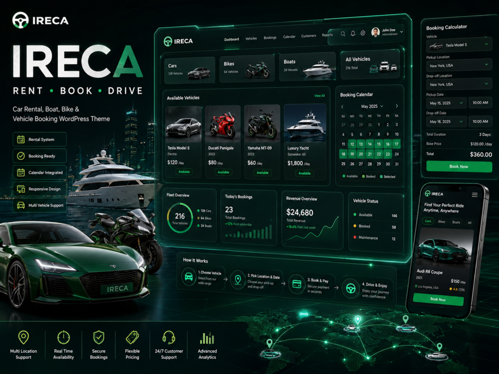 Ireca – Car Rental, Boat, Bike & Vehicle Booking WordPress Theme
