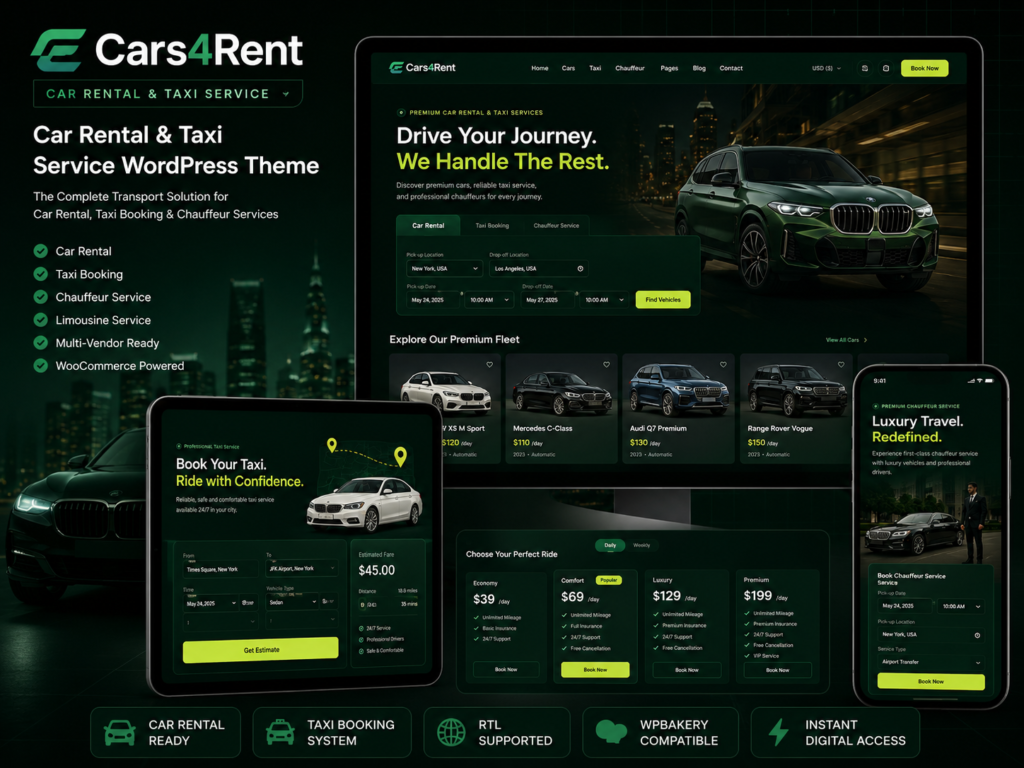 ⭐ Cars4Rent – Car Rental & Taxi Service WordPress Theme