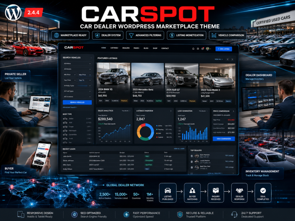 CarSpot – Car Dealership WordPress Classified Theme 2.4.4Verified from VirusTotal 100% Original Product and Virus Free. Free New Version Lifetime On Single Purchase. Unlimited Website Usage Price is in US dollars and included tax