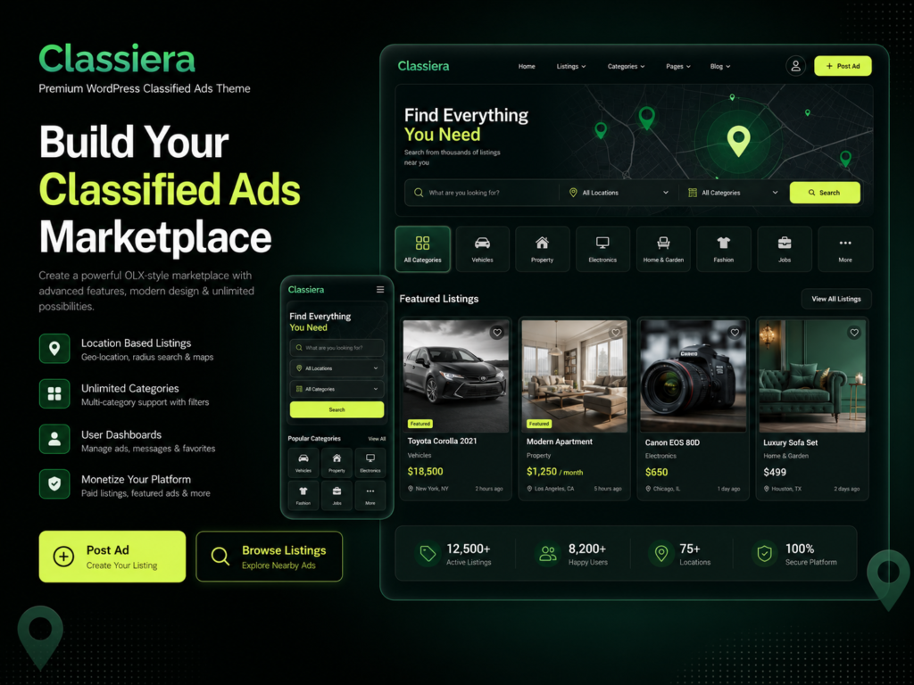 Classiera Classified Ads WordPress Theme – Build OLX Style Geo Marketplace with Monetization & Listings System