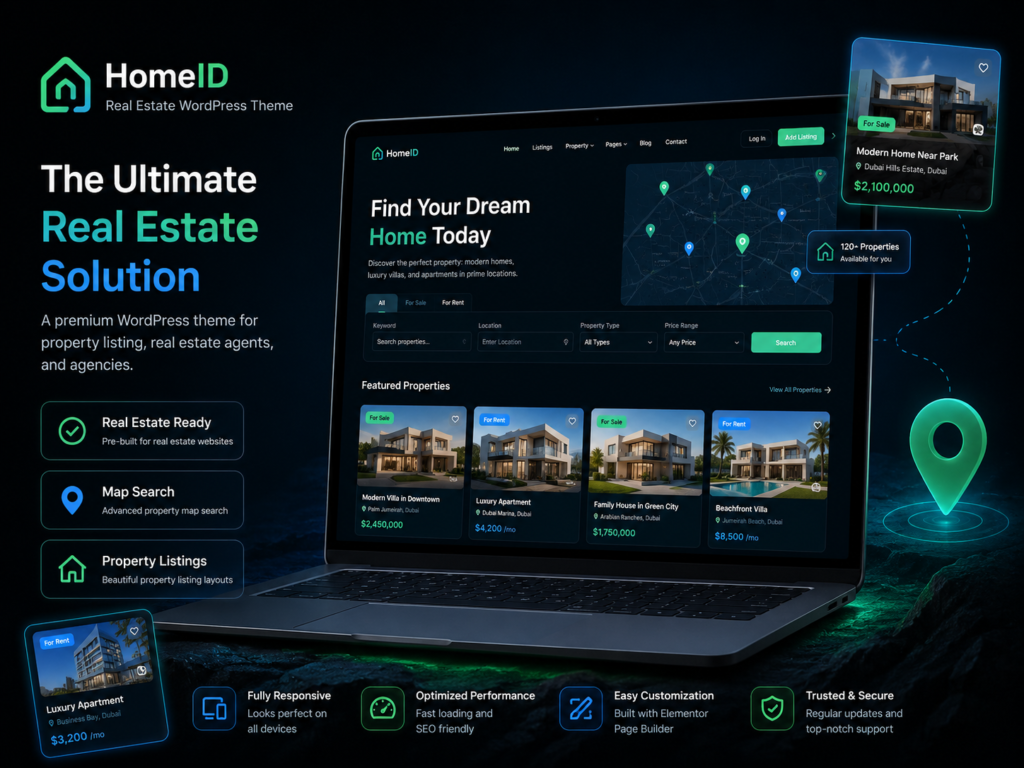 HomeID – Real Estate WordPress Theme (Property Listings, Map Search & Payment System Ready)