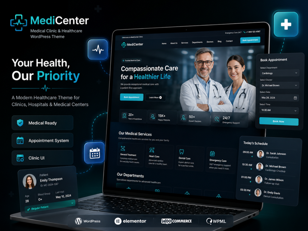 MediCenter – Health & Medical Clinic WordPress Theme (Appointments, Elementor & WooCommerce Ready)