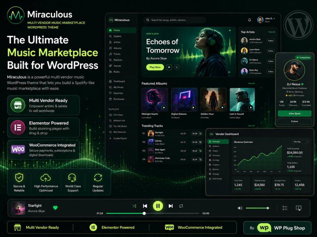 Miraculous Theme – Multi Vendor Music Marketplace & WooCommerce Elementor WordPress Theme
