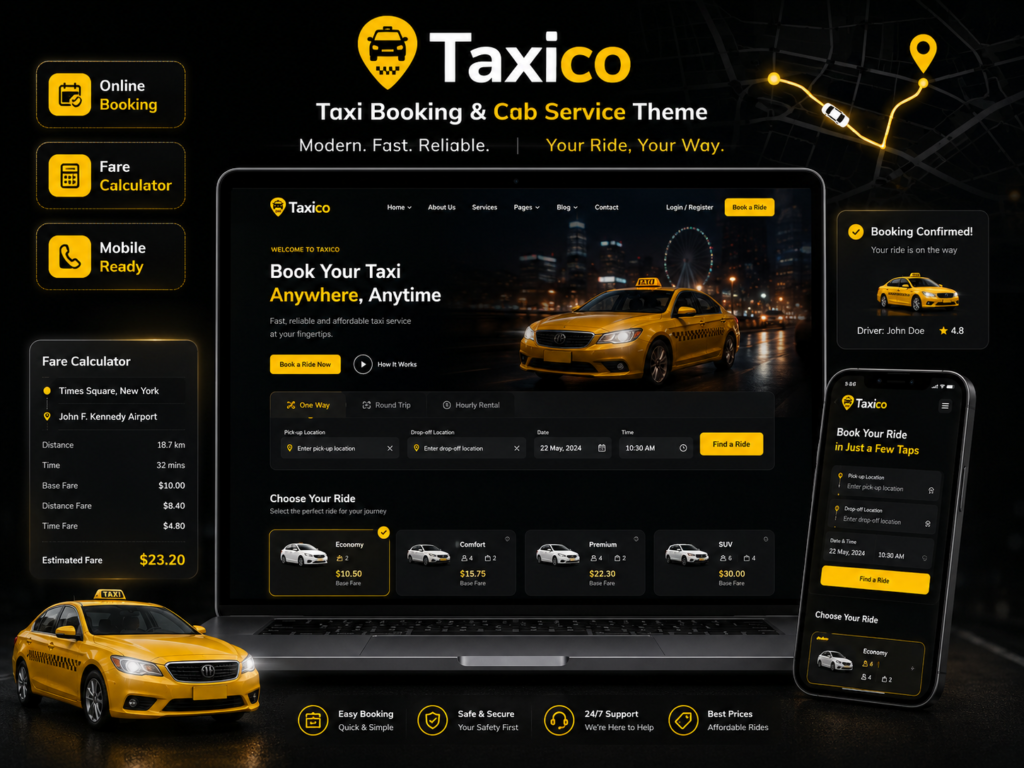 Taxico – Taxi Company & Online Cab Booking WordPress Theme (Ride Reservation, Fare Calculator & Booking System)