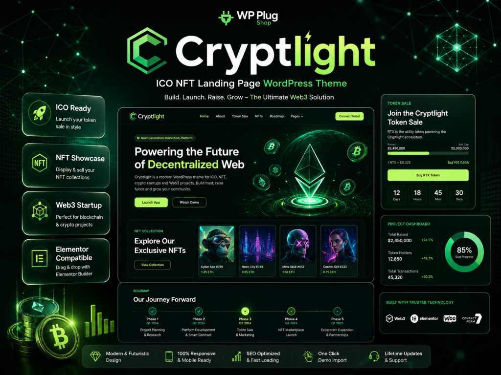 Cryptlight – ICO NFT Landing Page WordPress Theme for Crypto & Web3 Startups
