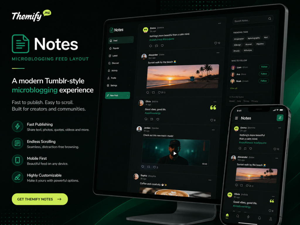 Themify Notes WordPress Theme for Tumblr Style Microblogging & Feed Blogging