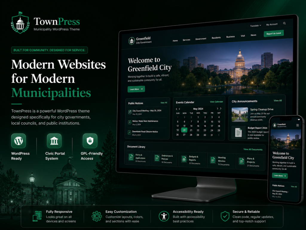 TownPress Municipality & City Government WordPress Theme – Complete Civic & Public Sector Website Builder
