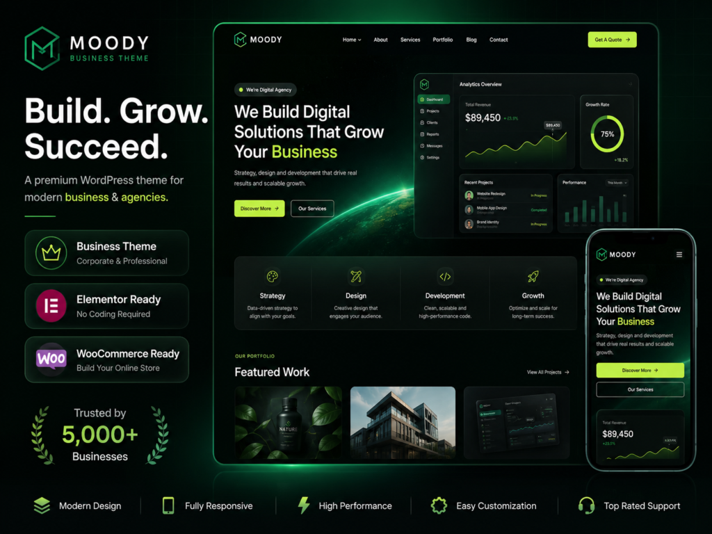 Moody Corporate Business Agency WordPress Theme for Elementor & WooCommerce