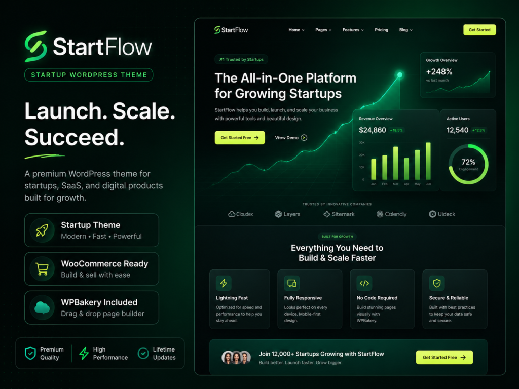 StartFlow Responsive Multipurpose WordPress Theme for Startups, SaaS & WooCommerce