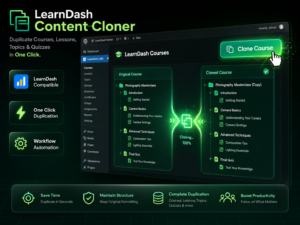 Featured Product Image Image Title  LearnDash Content Cloner Hero Showcase  Image Objective  Highlight core value: one-click LearnDash course duplication  Detailed Image Prompt  Premium dark WordPress SaaS marketplace hero banner showing a LearnDash LMS dashboard in a futuristic UI. A “Clone Course” button is glowing in bright emerald green (#147A56) with lime accent (#C9F86A). Visual shows a course structure tree duplicating instantly (courses → lessons → topics → quizzes). Background is near-black (#020604) with deep forest green gradient (#062F1F). Glassmorphism cards, soft neon glow edges, and subtle grid overlay. Include badges: “LearnDash Compatible”, “One Click Duplication”, “Workflow Automation”. High-end UI mockup, cinematic lighting, modern SaaS feel, ultra clean layout, WordPress admin environment.  Aspect Ratio  4:3  Alt Text  LearnDash Content Cloner plugin dashboard showing one-click course duplication system  SEO File Name  learndash-content-cloner-featured-image.jpg  Suggested Placement  Product hero section / WooCommerce main image