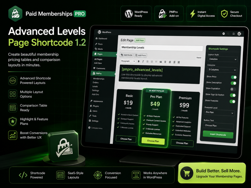 Paid Memberships Pro Advanced Levels Page Shortcode 1.2 – Custom Membership Pricing Table Builder for WordPress
