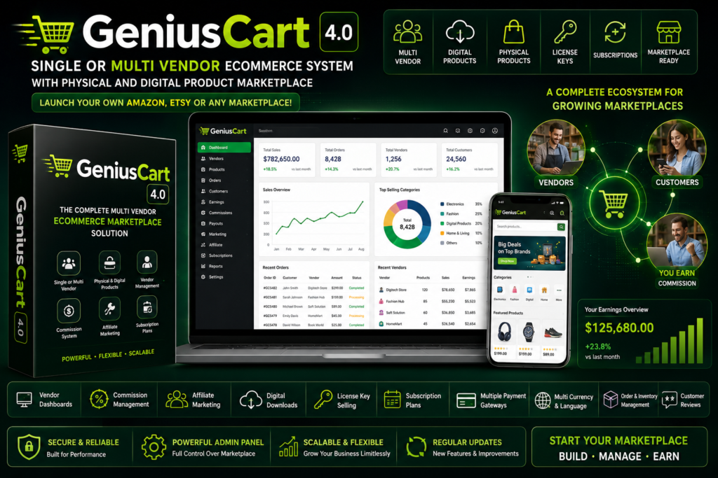 GeniusCart 4.0 – Single or Multi Vendor Ecommerce System for Physical & Digital Product Marketplaces