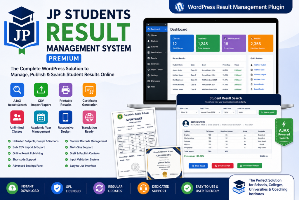 JP Students Result Management System Premium – WordPress Result Management Plugin