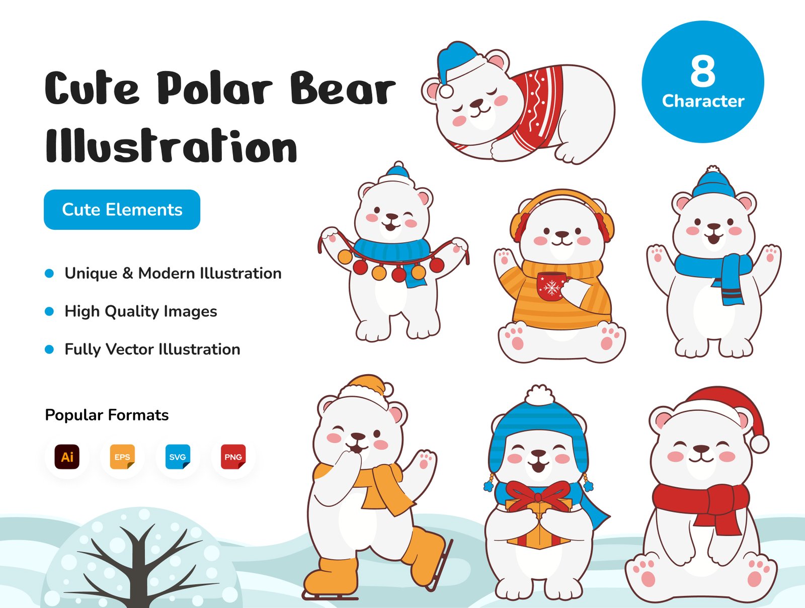 Cutee Polar Bear Winter Christmas Illustration Set Cute Polar Bear Winter Christmas Illustration Set