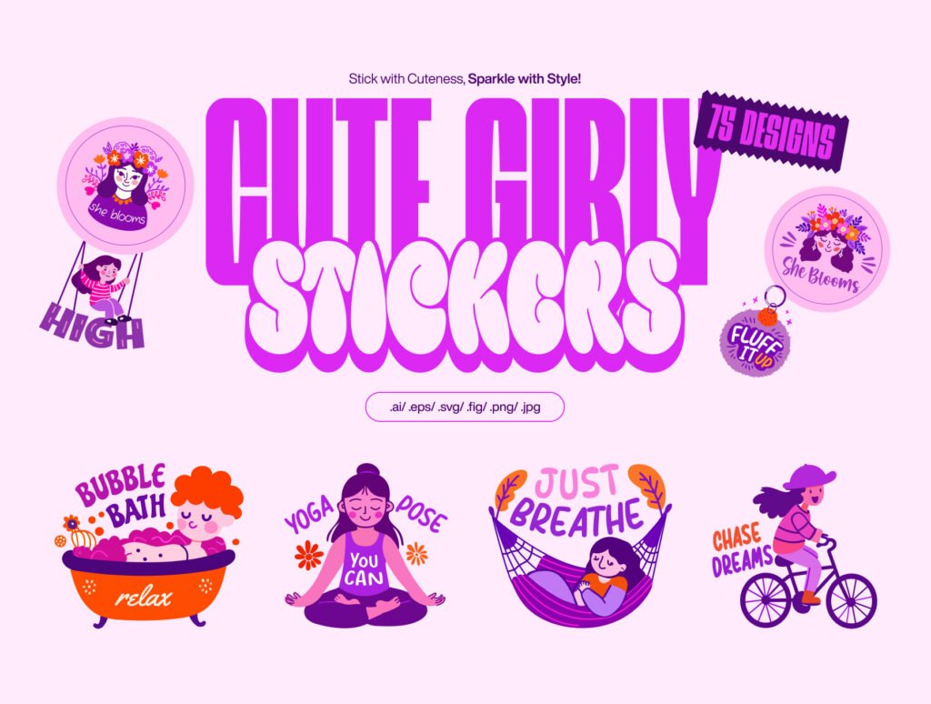 Flat Cute Girly Stickers Set
