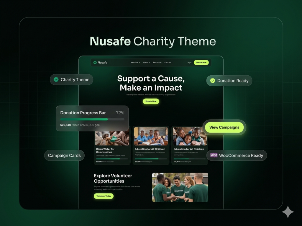 Nusafe Charity & Donation WordPress Theme for NGOs, Fundraising & WooCommerce