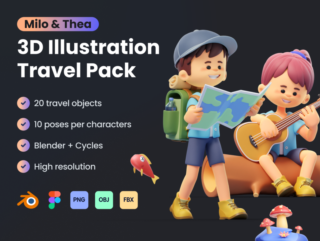 Milo & Thea: 3D Illustration Travel Pack
