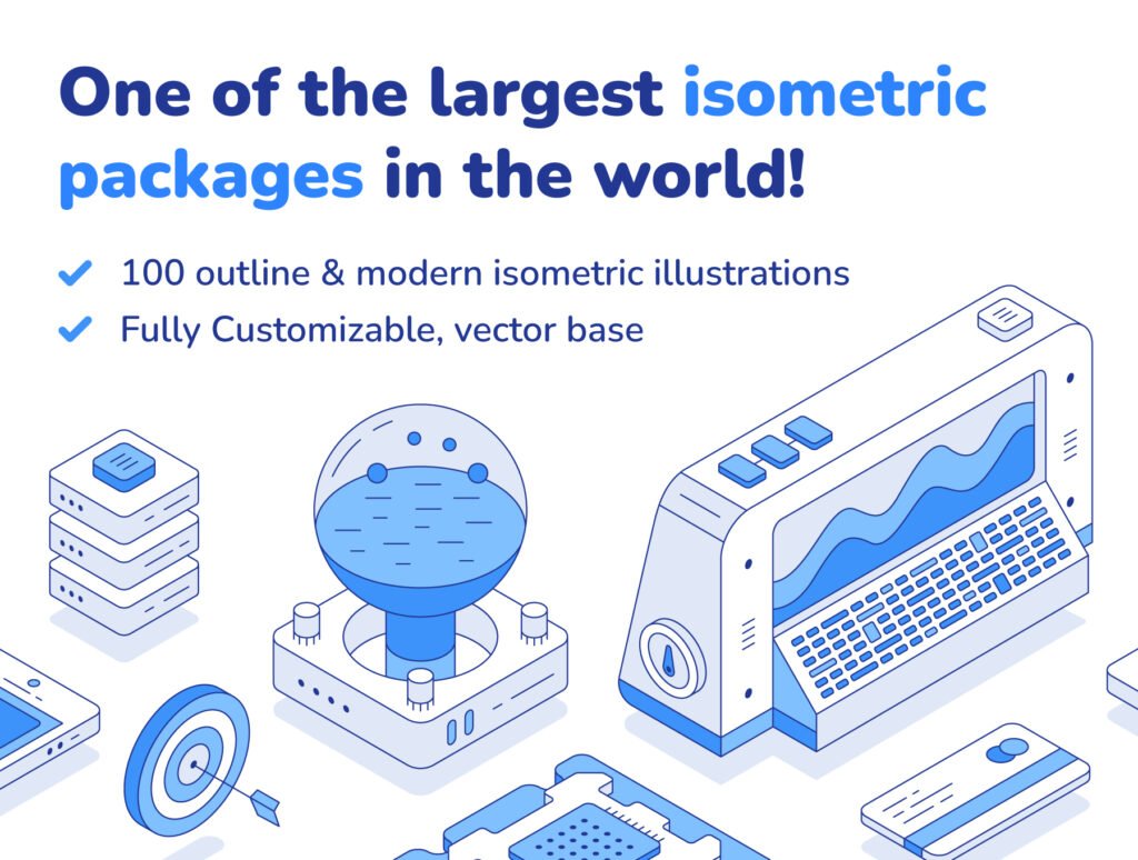Outline isometric illustration set
