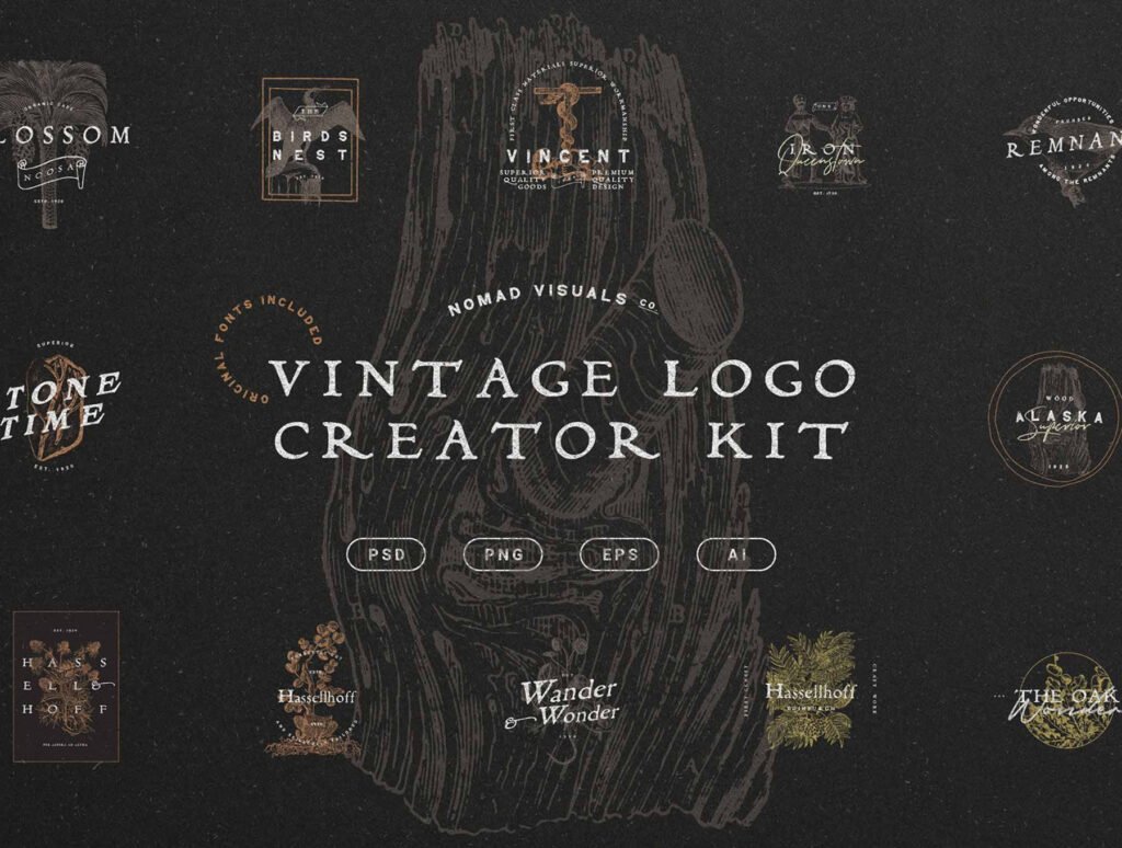 Vintage Logo Creator Kit – 20 Templates + Fonts + Illustrations