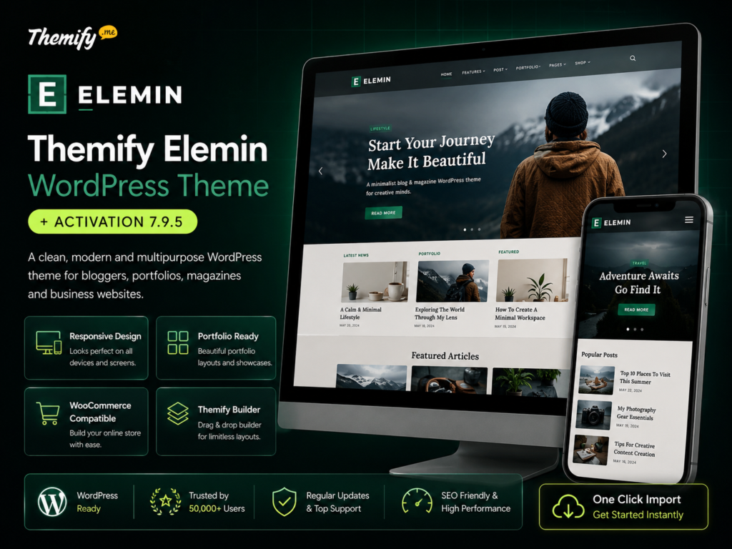 Themify Elemin WordPress Theme + Activation 7.9.5 – Responsive Blog, Portfolio & WooCommerce Theme