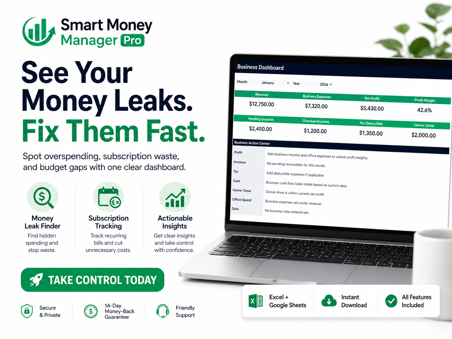 Smart Money Manager Pro – Personal & Business Finance Dashboard for Excel & Google Sheets