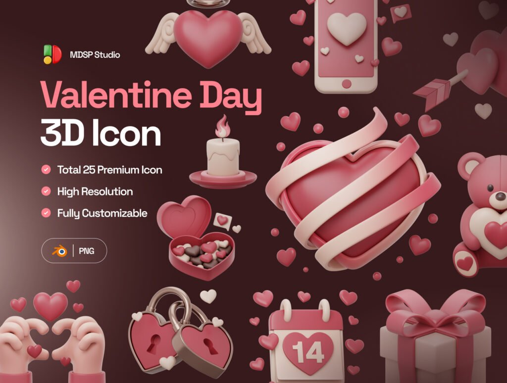 Valentine's 3D Icon Set – Premium Romantic Assets