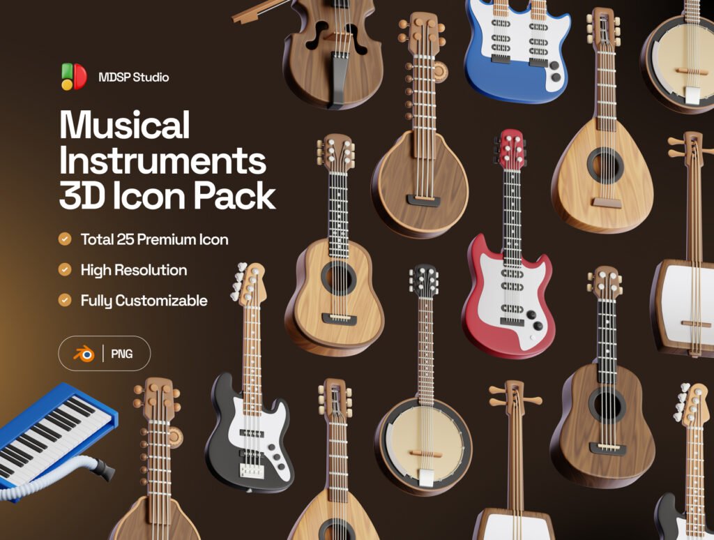 Musical Instruments 3D Icon Set – Premium Music Assets