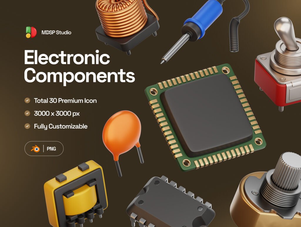 Electronic Components 3D Icon Set – Premium Tech Assets